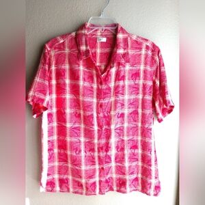 Vintage Bobbie Brooks Womens Camp Shirt Hawaiian Red Flamingos Palm Trees Medium